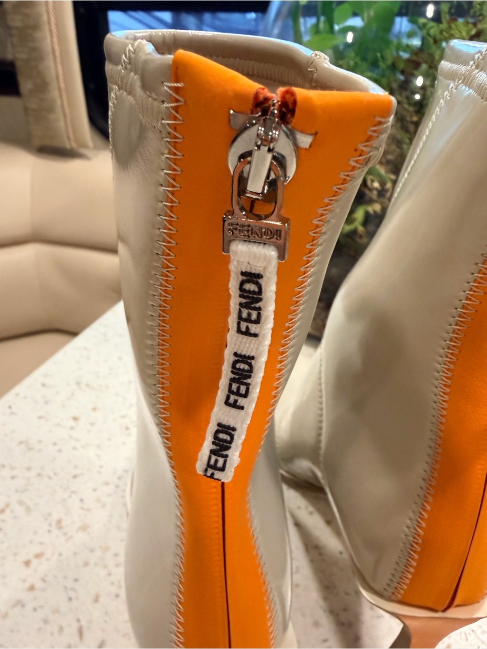 Fendi Patent Mid-Calf Pointed Toe Boots in Cream with Orange Zip - Picture 4 of 8